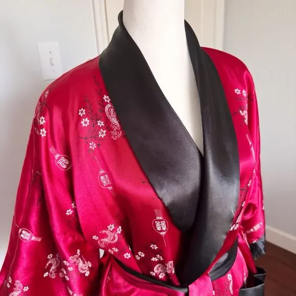 VTG Embroidered Dragon Reversible Satin Kimono Robe Asian Print Smoking Jacket S - Picture 4 of 16